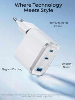 Anker Nano snabbladdare USB-C 3 portar GaN 70 W, vit