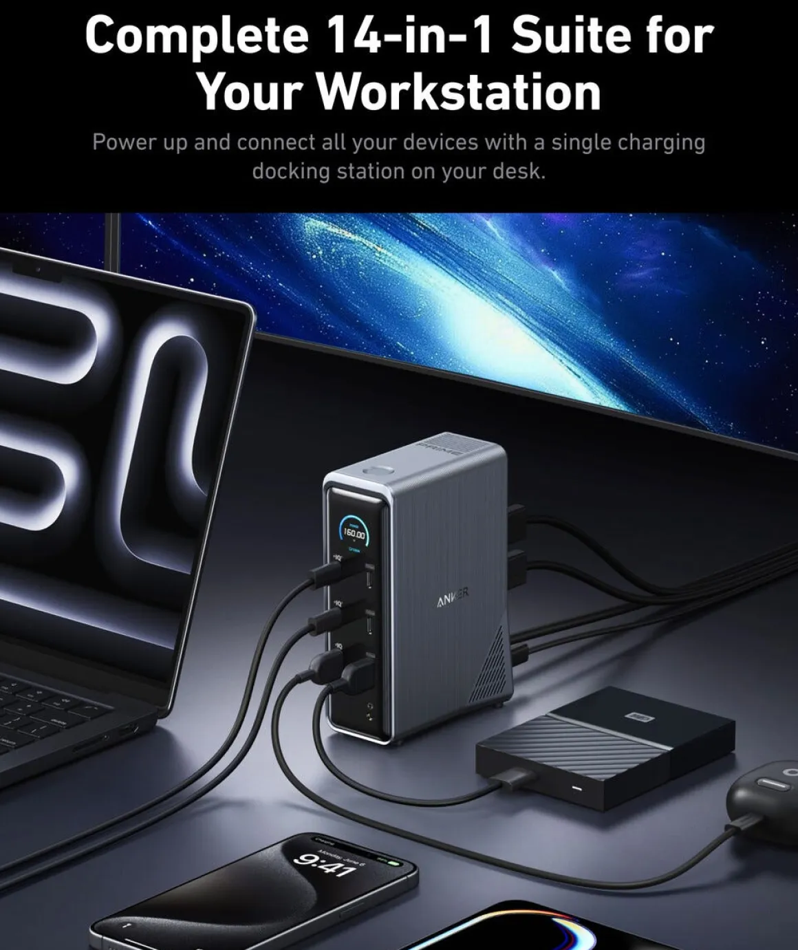 Anker Prime laddstation USB-C/A 6 portar GaN, 200 W