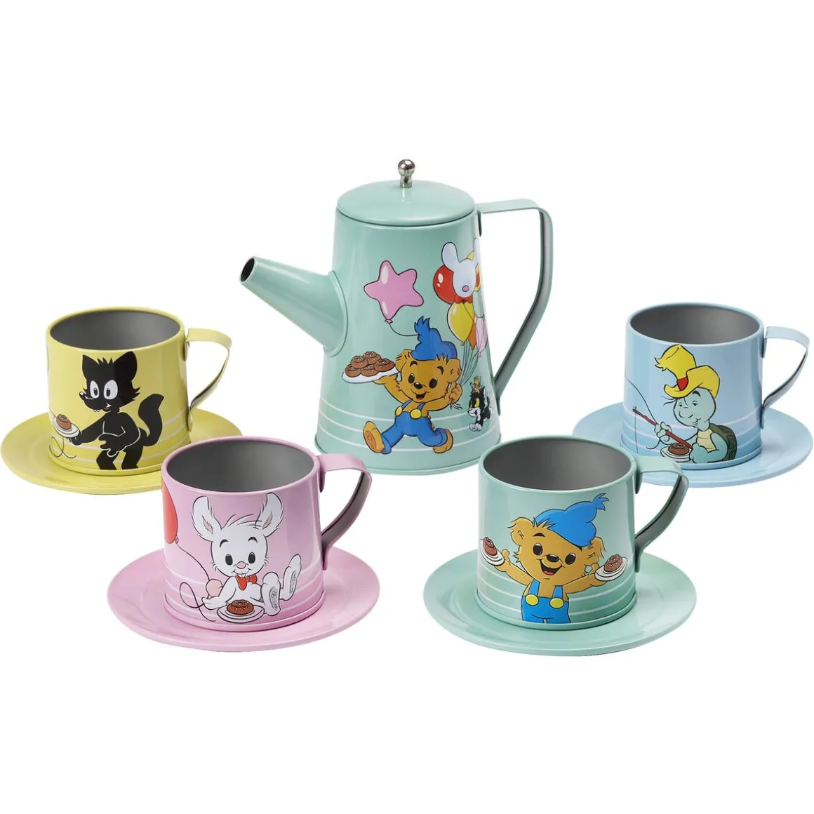 Bamse leksaksservis i plåt med kanna, koppar och fat
