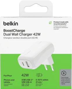 Belkin BoostCharge snabbladdare USB-C/USB-A, 42 W
