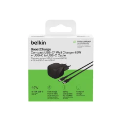 Belkin BoostCharge USB-C laddare 45W med kabel, WCA013kq1MBK-B6
