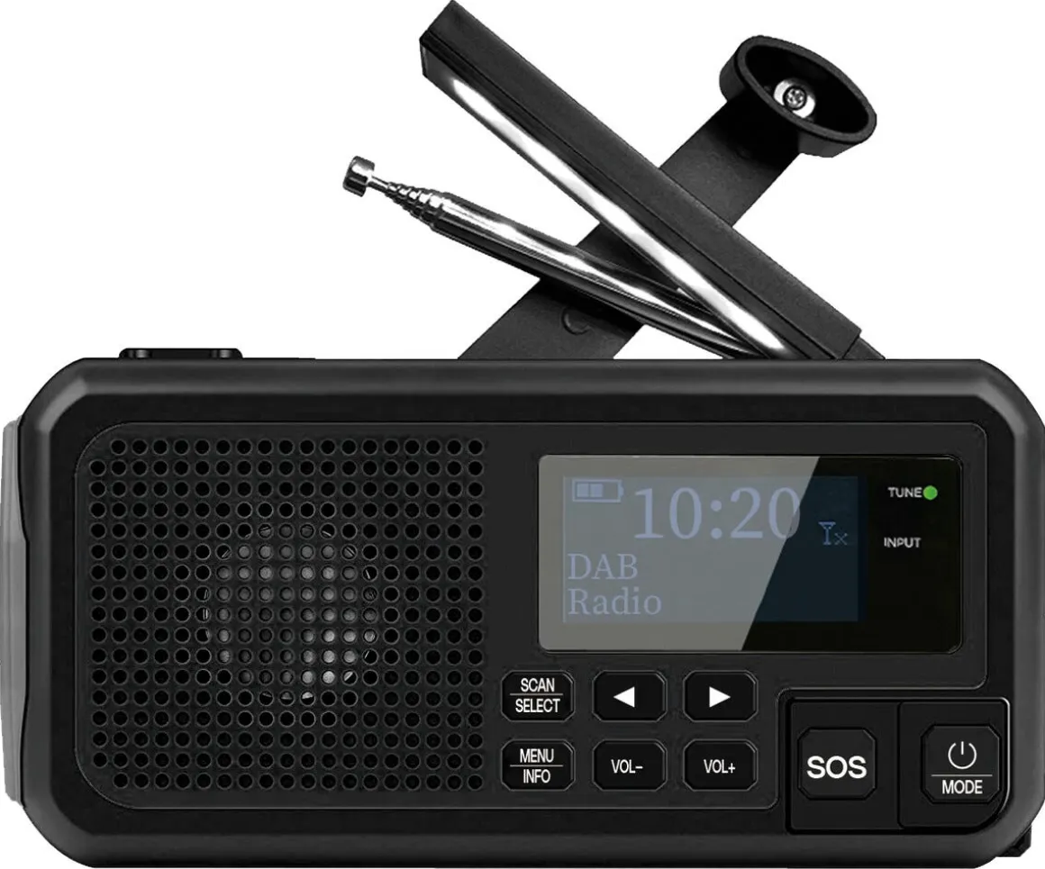 Bärbar nödradio med vev och solceller, DAB+/FM