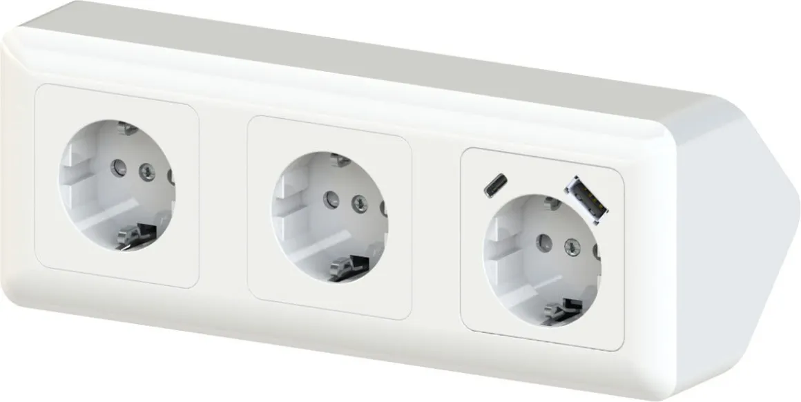 Cotech 3-vägs vägguttag för hörn, utanpåliggande med USB
