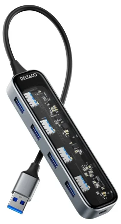 Deltaco USB-A hub med 4 portar, transparent, UH-736