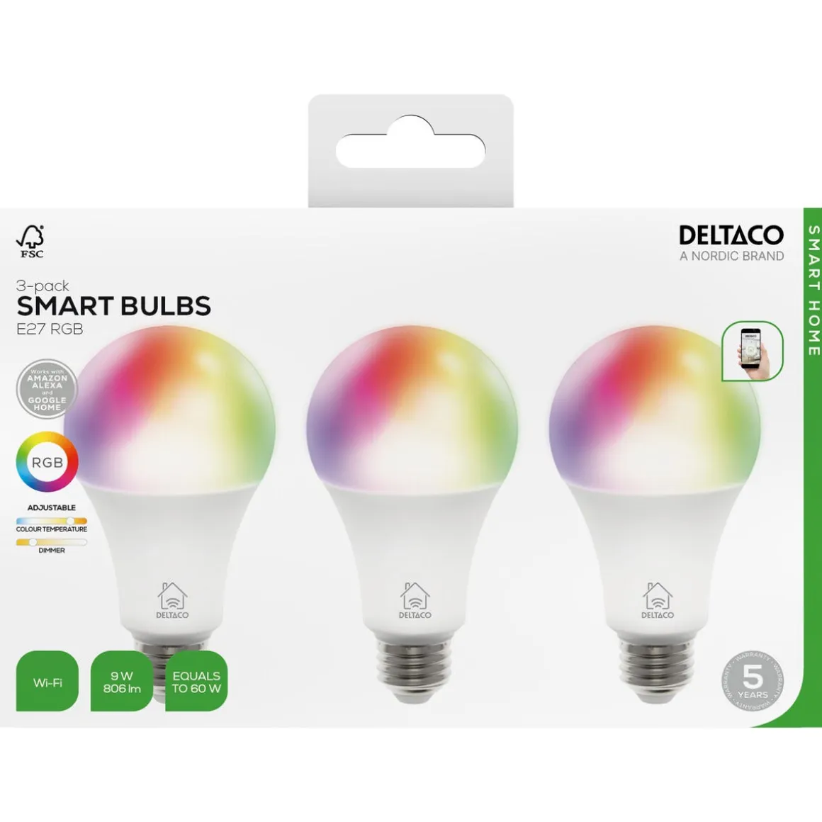 Deltaco Smart Home RGB LED-lampa E27 WiFi, 9 W, 3-pack