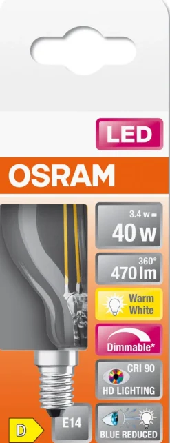 Dimbar klotlampa LED E14 Osram, varmvit