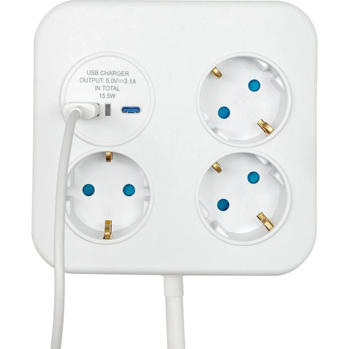 Grenuttag 3-vägs med USB-A och USB-C, 1,4 meter