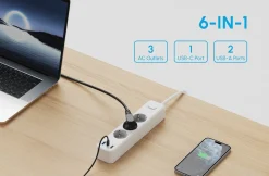 Grenuttag 3-vägs med USB-A och USB-C, 1,5 meter