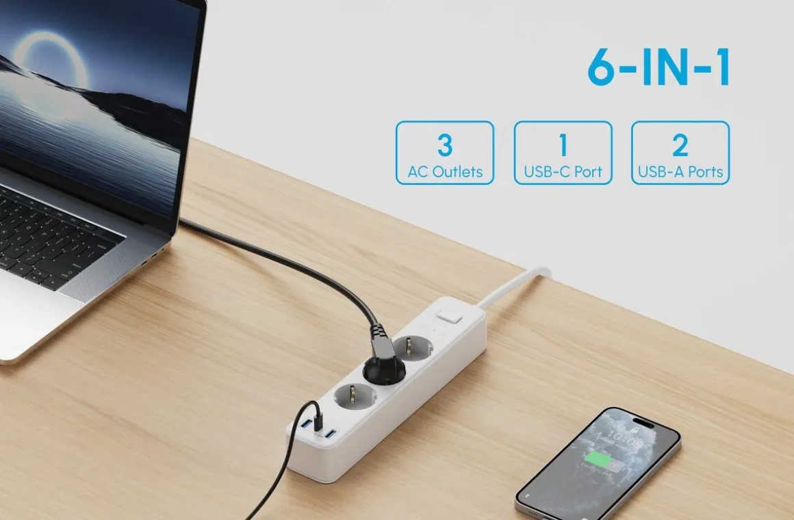 Grenuttag 3-vägs med USB-A och USB-C, 1,5 meter