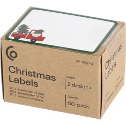 Juletiketter på rulle julmotiv med tomte, 50-pack