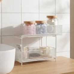 Liten förvaringshylla mesh med 2 korgar, vit