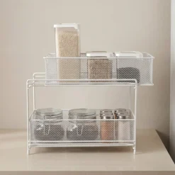 Liten förvaringshylla mesh med 2 korgar, vit