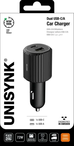 Unisynk Dual billaddare 12, 24 V, USB-C / USB-A, svart